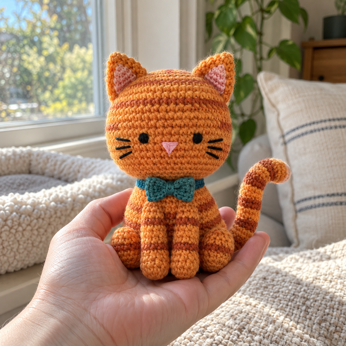 An adult hand holding an orange striped crochet kitten with a teal bow tie beside a sunny window.
