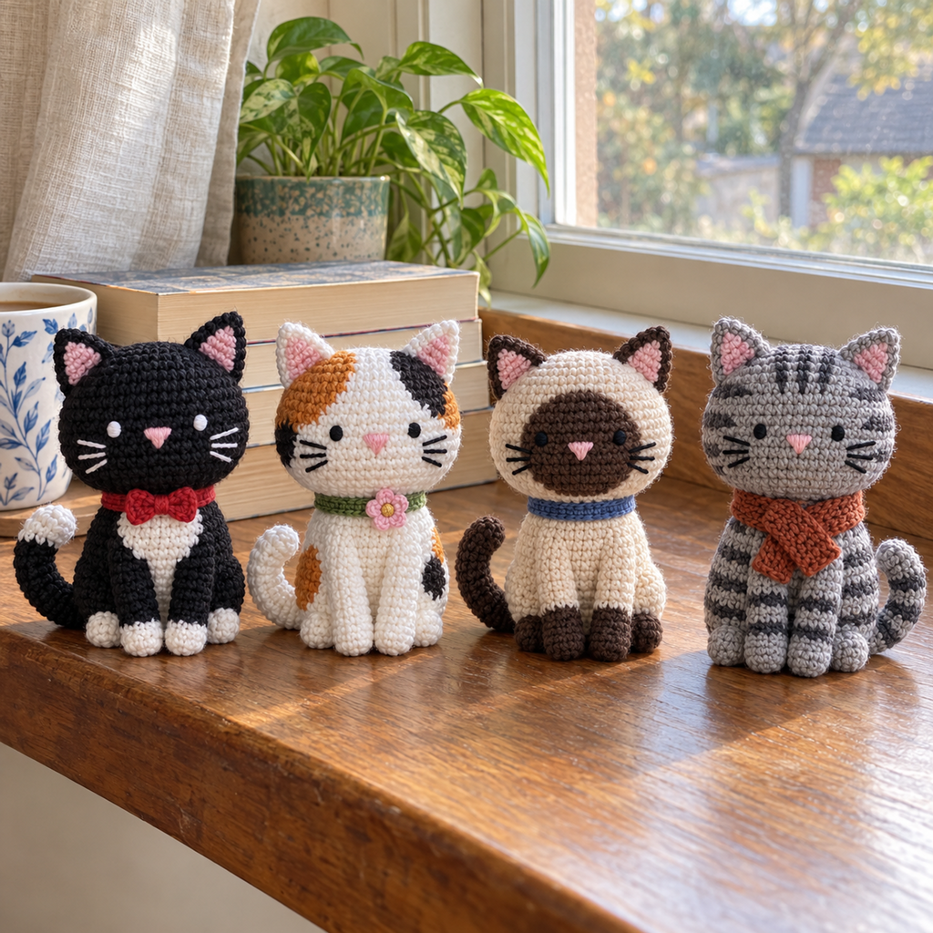 Tuxedo, Calico, Siamese and Grey Tabby crochet kittens on a sunny wooden windowsill.