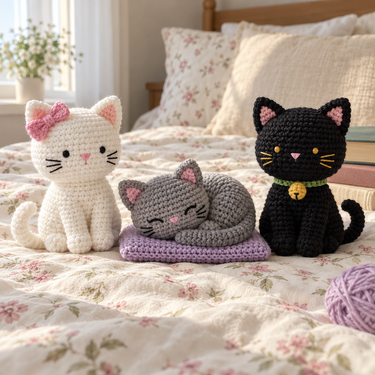 A grey crochet kitten curled on a lilac cushion on a bed, with White Cat and Black Cat beside it.