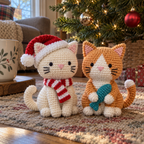A cream crochet kitten in a red Santa hat and striped scarf beside Ginger holding a teal fish, near a lit Christmas tree.