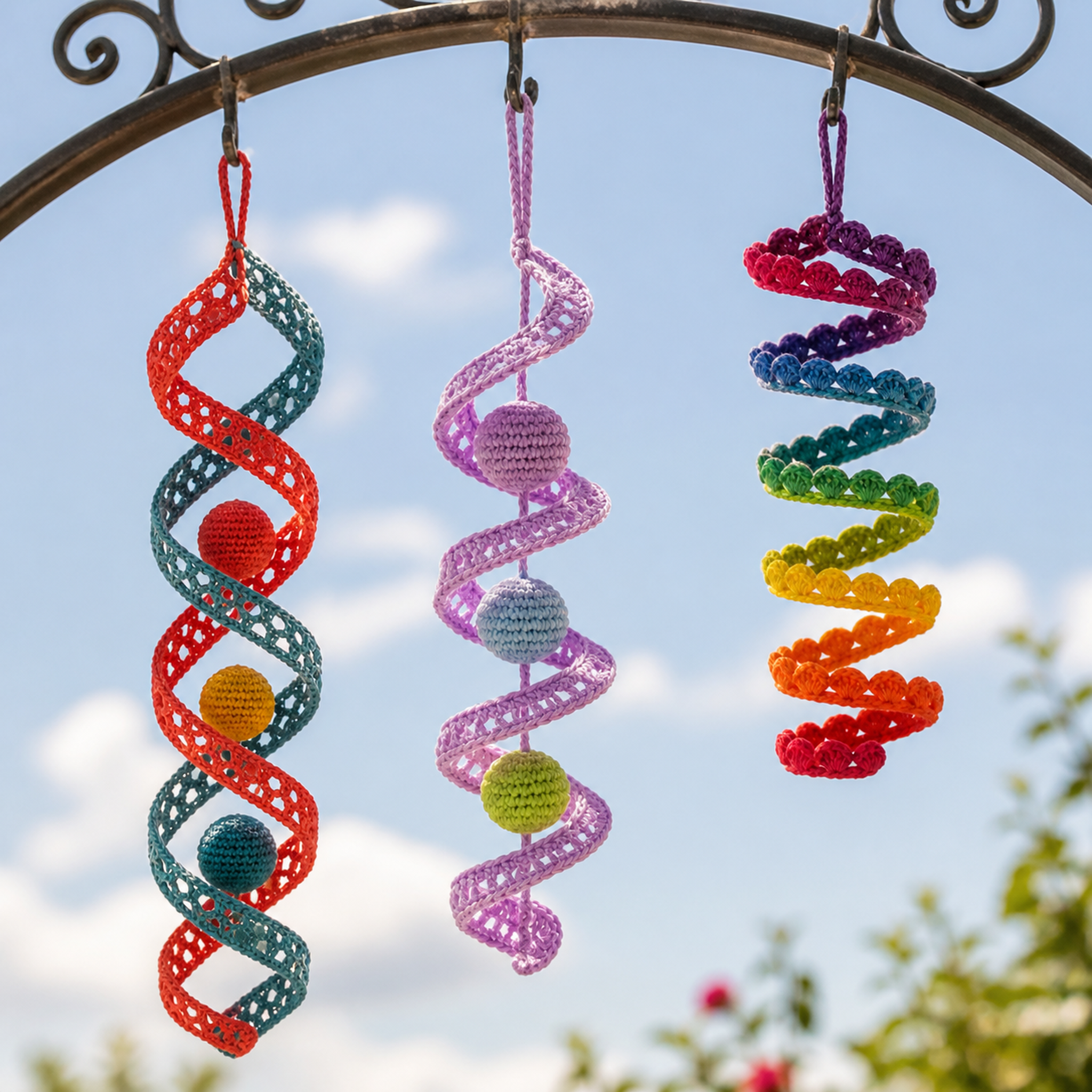 Three crochet lace wind spinners hanging from a garden arch against bright open sky, daylight coming through the holes in every band