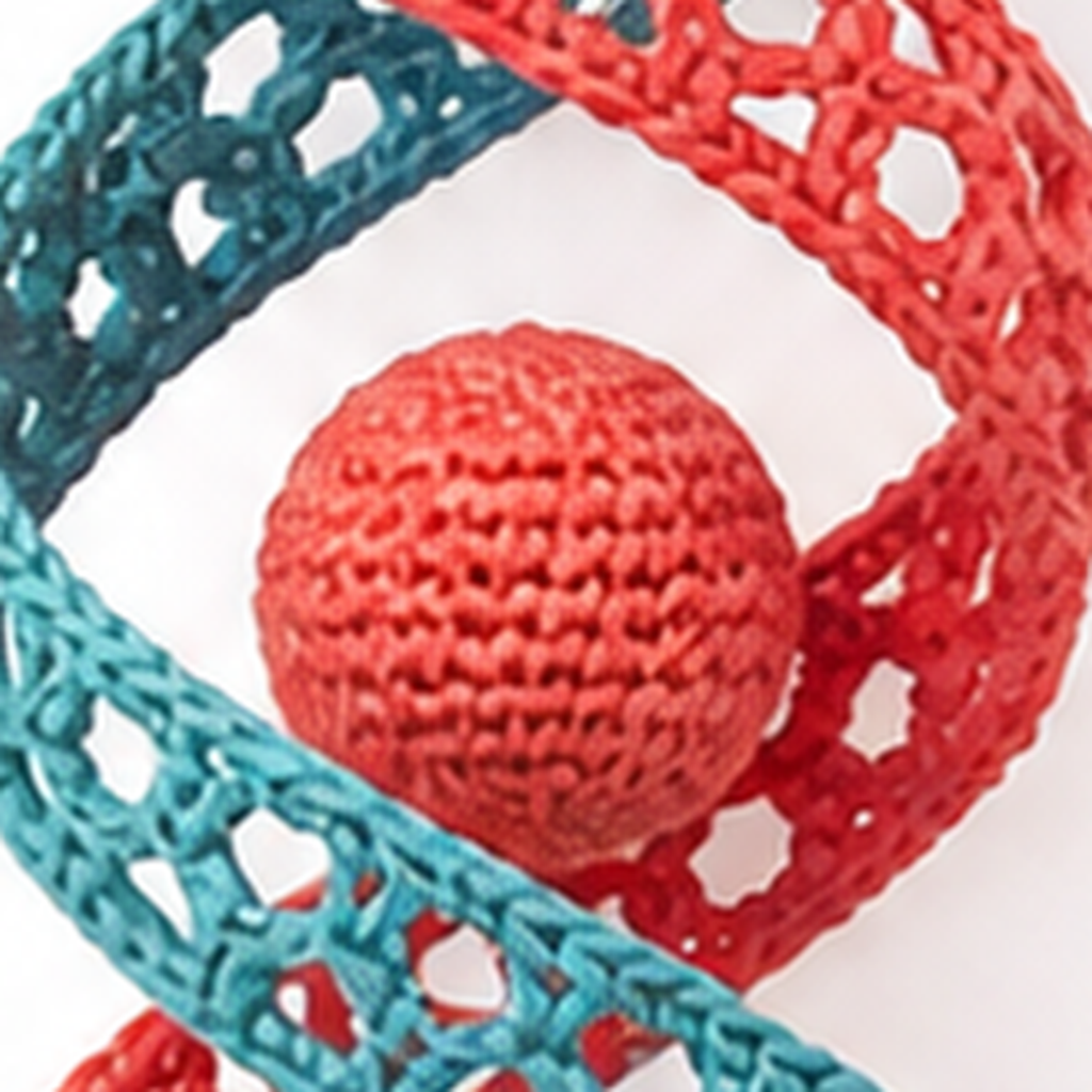 Close-up of the openwork band, one double crochet alternating with a chain space, with a stuffed ball hanging inside the coil