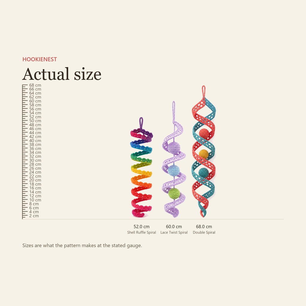 Size chart against a centimetre ruler: Shell Ruffle Spiral 52 cm, Lace Twist Spiral 60 cm, Double Spiral 68 cm