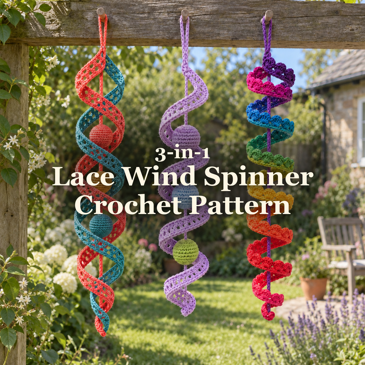 A coral and teal double spiral, a lilac lace twist and a rainbow scalloped spiral hanging from a garden pergola: 3-in-1 Lace Wind Spinner Crochet Pattern