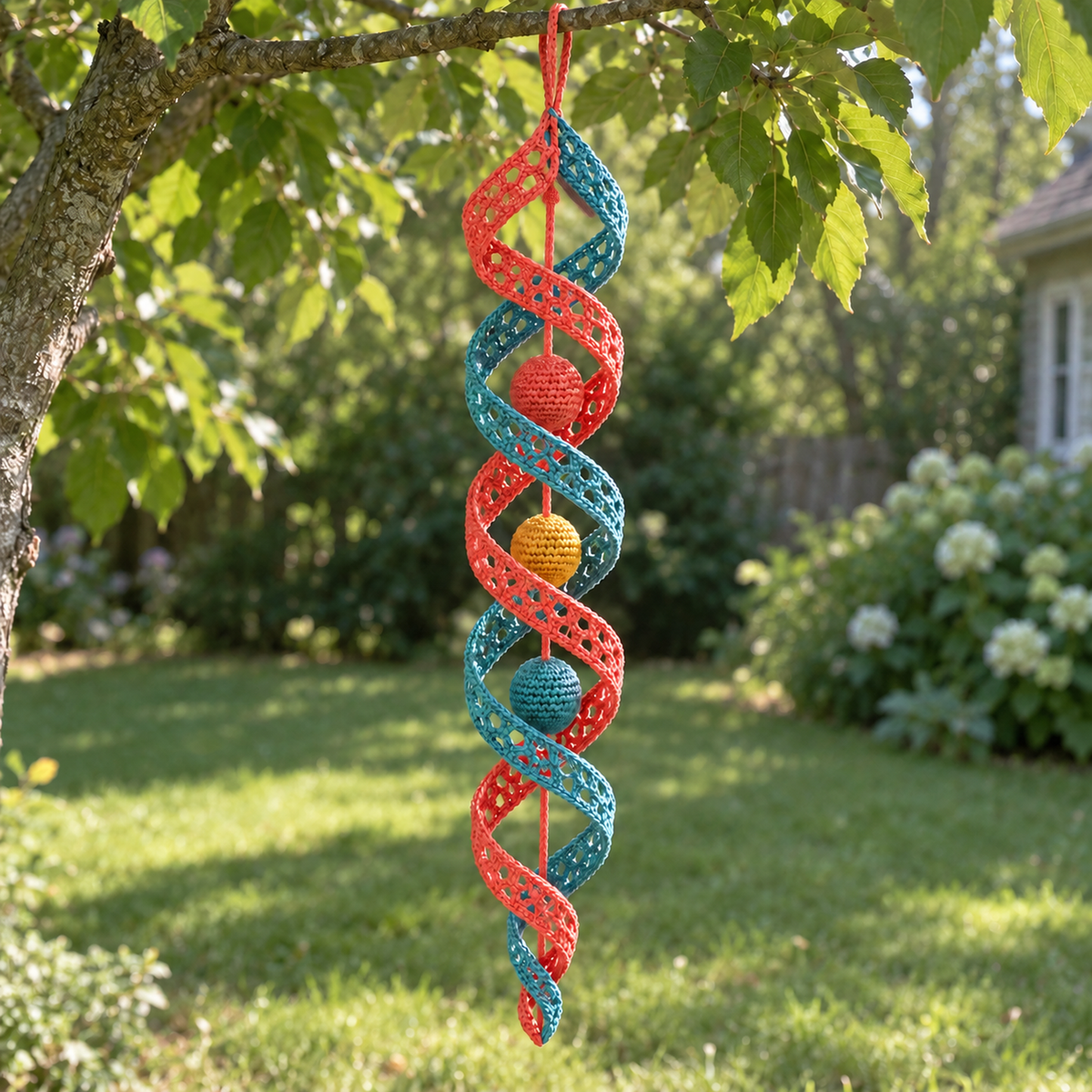 A coral and teal openwork Double Spiral with three coloured crochet balls hangs from a tree branch above a lawn.