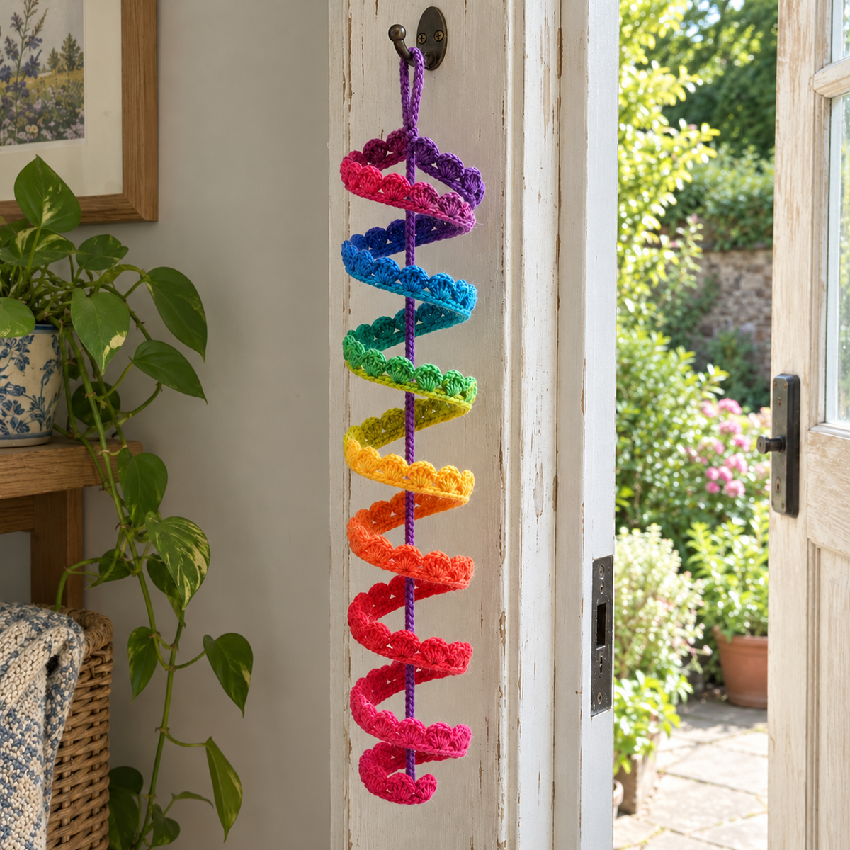A rainbow Shell Ruffle with scalloped crochet edges hangs from a hook beside an open garden door.