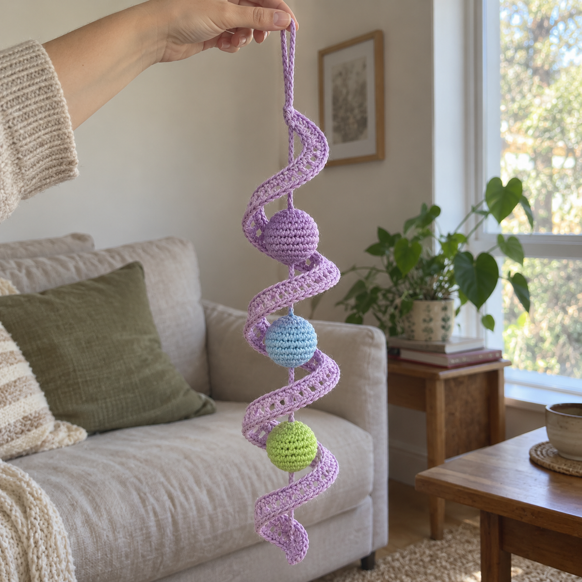An adult hand holds the lilac Lace Twist by its top loop in a living room, with its three coloured crochet balls inside the spiral.