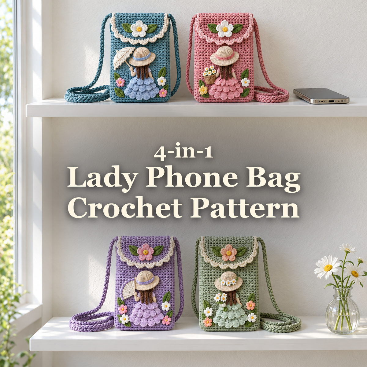 Four crochet Lady Phone Bags on white shelves with the title 4-in-1 Lady Phone Bag Crochet Pattern.