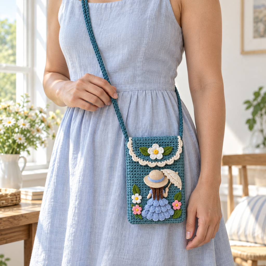 Teal crochet Parasol Lady phone bag worn crossbody at the hip over a light blue summer dress, with a hand resting on the strap.