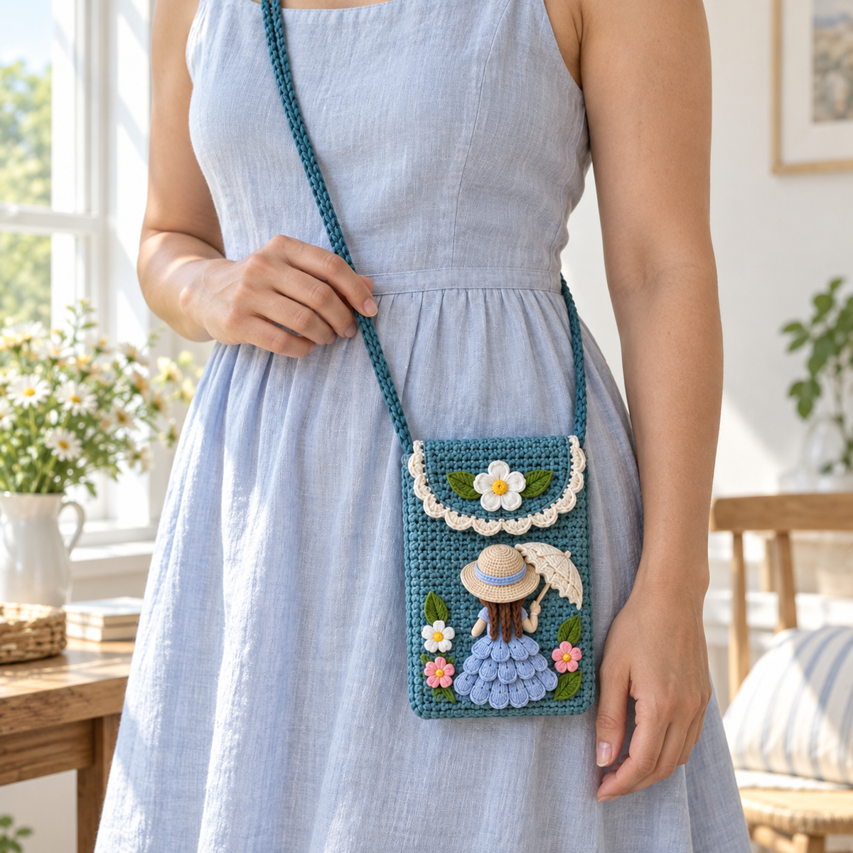 Teal crochet Parasol Lady phone bag worn crossbody at the hip over a light blue summer dress, with a hand resting on the strap.