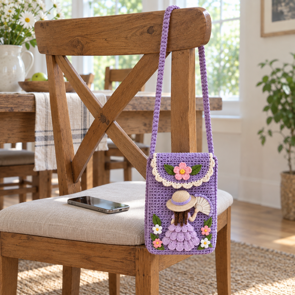 Lavender crochet Fan Lady phone bag hangs from a wooden chair by its crochet strap, with a smartphone on the seat.