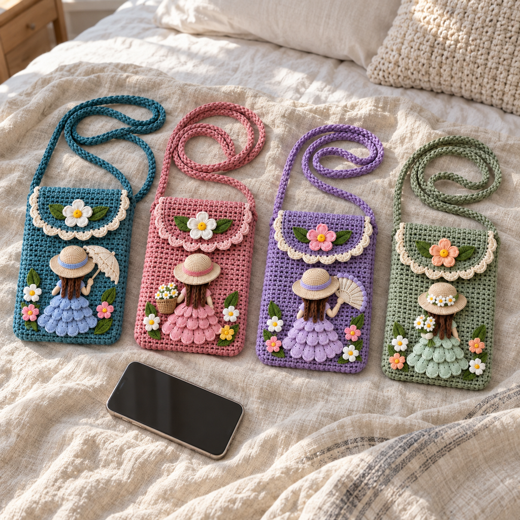 Teal parasol, blush basket, lavender fan and sage bouquet crochet phone bags laid side by side on a linen-covered bed with their straps coiled.