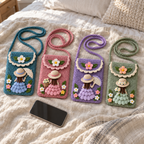 Teal parasol, blush basket, lavender fan and sage bouquet crochet phone bags laid side by side on a linen-covered bed with their straps coiled.