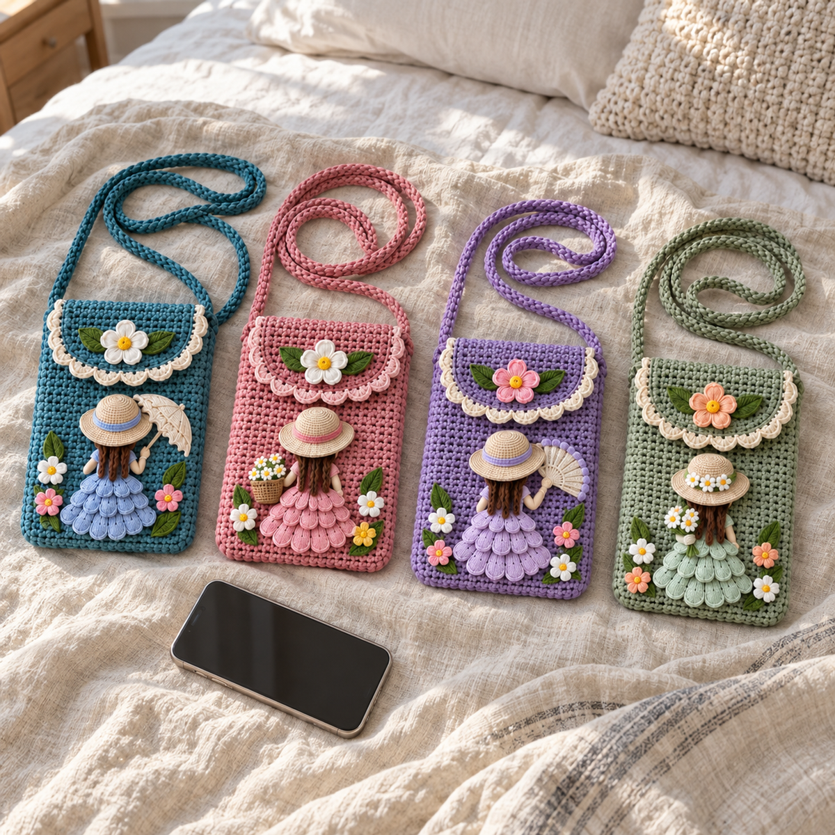 Teal parasol, blush basket, lavender fan and sage bouquet crochet phone bags laid side by side on a linen-covered bed with their straps coiled.