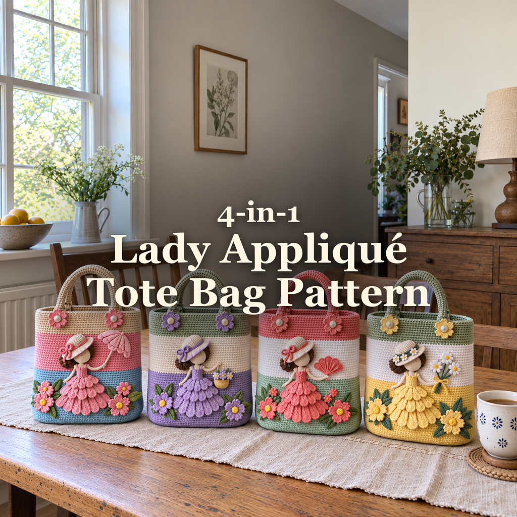 Four crocheted lady appliqué tote bags on a wooden table by a window, with the title 4-in-1 Lady Appliqué Tote Bag Pattern above them.