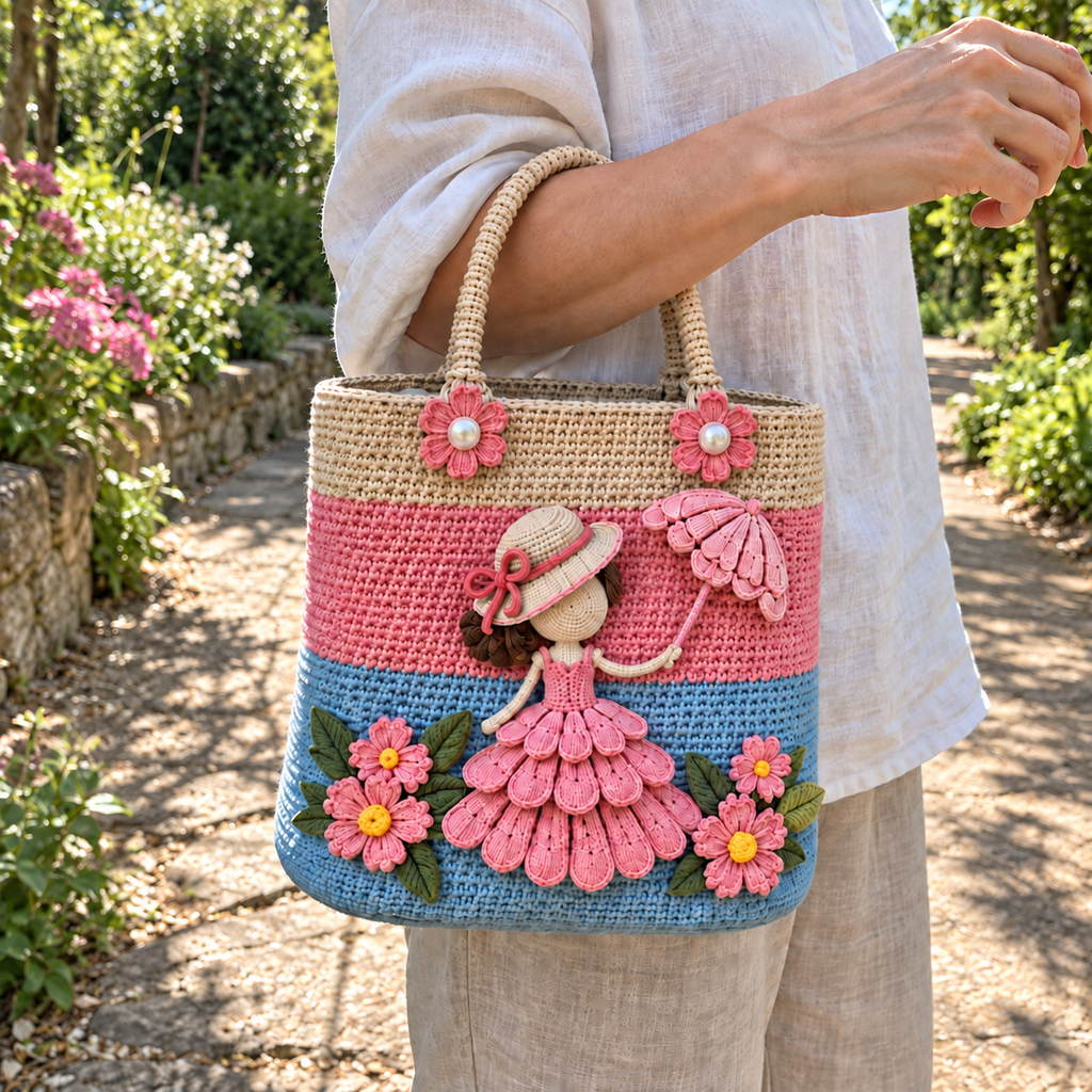 A blue, pink and beige crochet tote hangs from a woman's forearm on a garden path, with a faceless lady in a pink petal dress holding a pink umbrella.