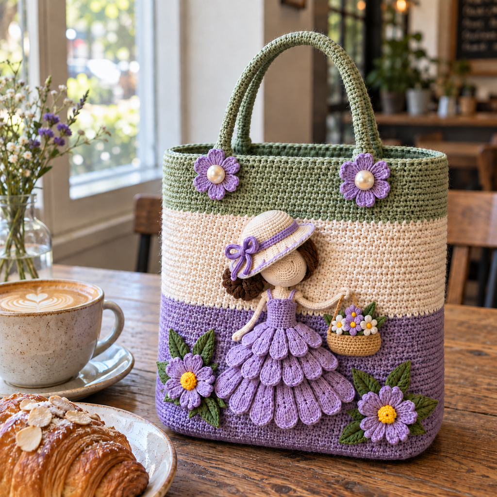 A lavender, cream and sage crochet tote stands on a café table beside coffee and a pastry, with a faceless lady in a lilac petal dress holding a small flower basket.