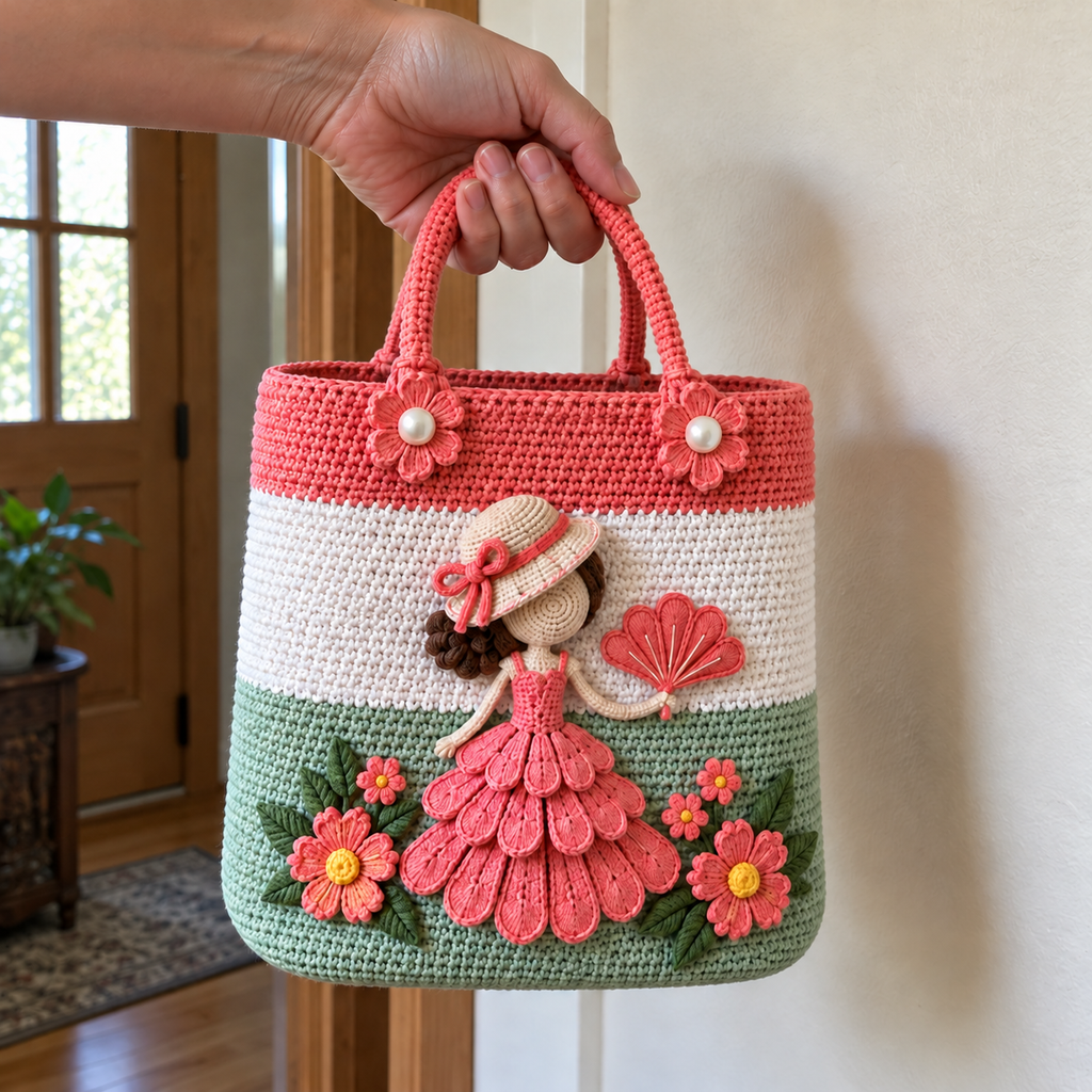 One hand holds both short coral handles of a mint, white and coral crochet tote in a doorway, with a faceless lady in a coral petal dress holding a folding fan.