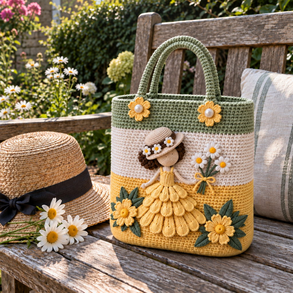 A butter-yellow, white and sage crochet tote stands on a wooden garden bench beside a straw hat and daisies, with a faceless lady in a yellow petal dress holding a daisy bouquet.
