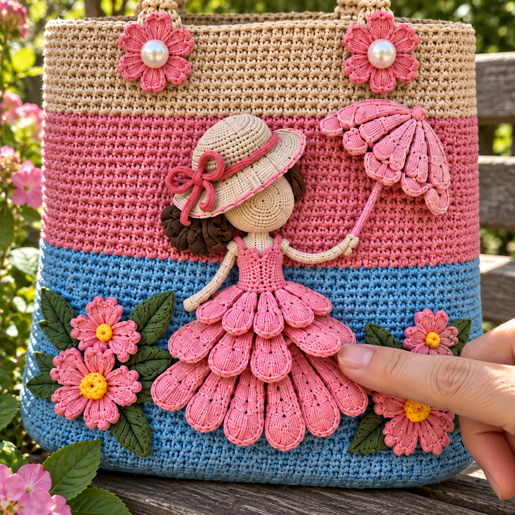 A fingertip touches the raised edge of a pink crochet skirt petal on a faceless lady appliqué, showing three overlapping skirt tiers and the blue, pink and beige bag stitches behind them.
