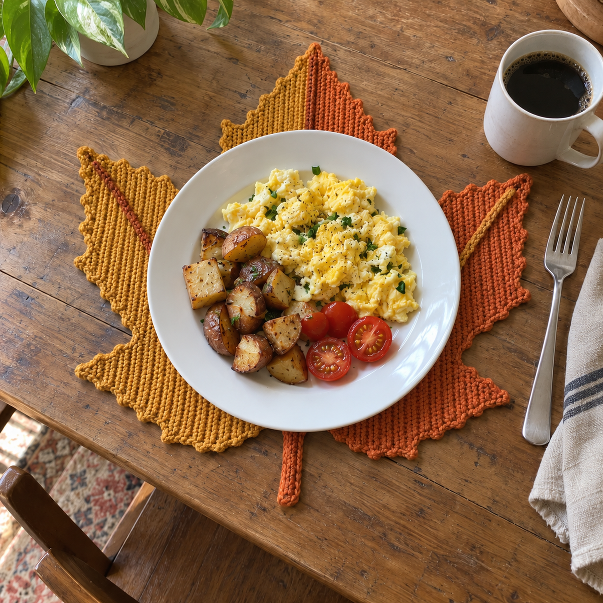 A gold and pumpkin orange Sugar Maple crochet placemat beneath a breakfast plate, with a coffee mug and fork on a wooden table.
