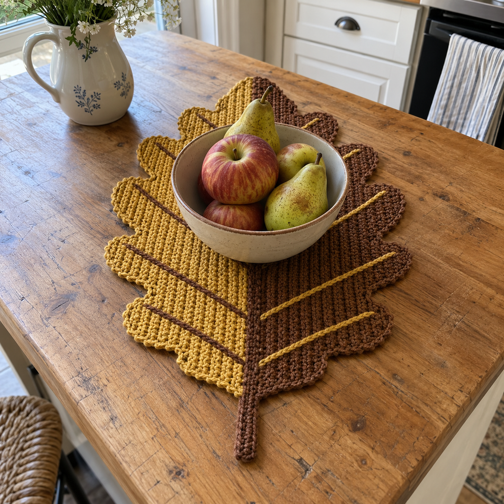 A mustard and chestnut Golden Oak crochet placemat beneath a bowl of apples and pears on a wooden kitchen counter.