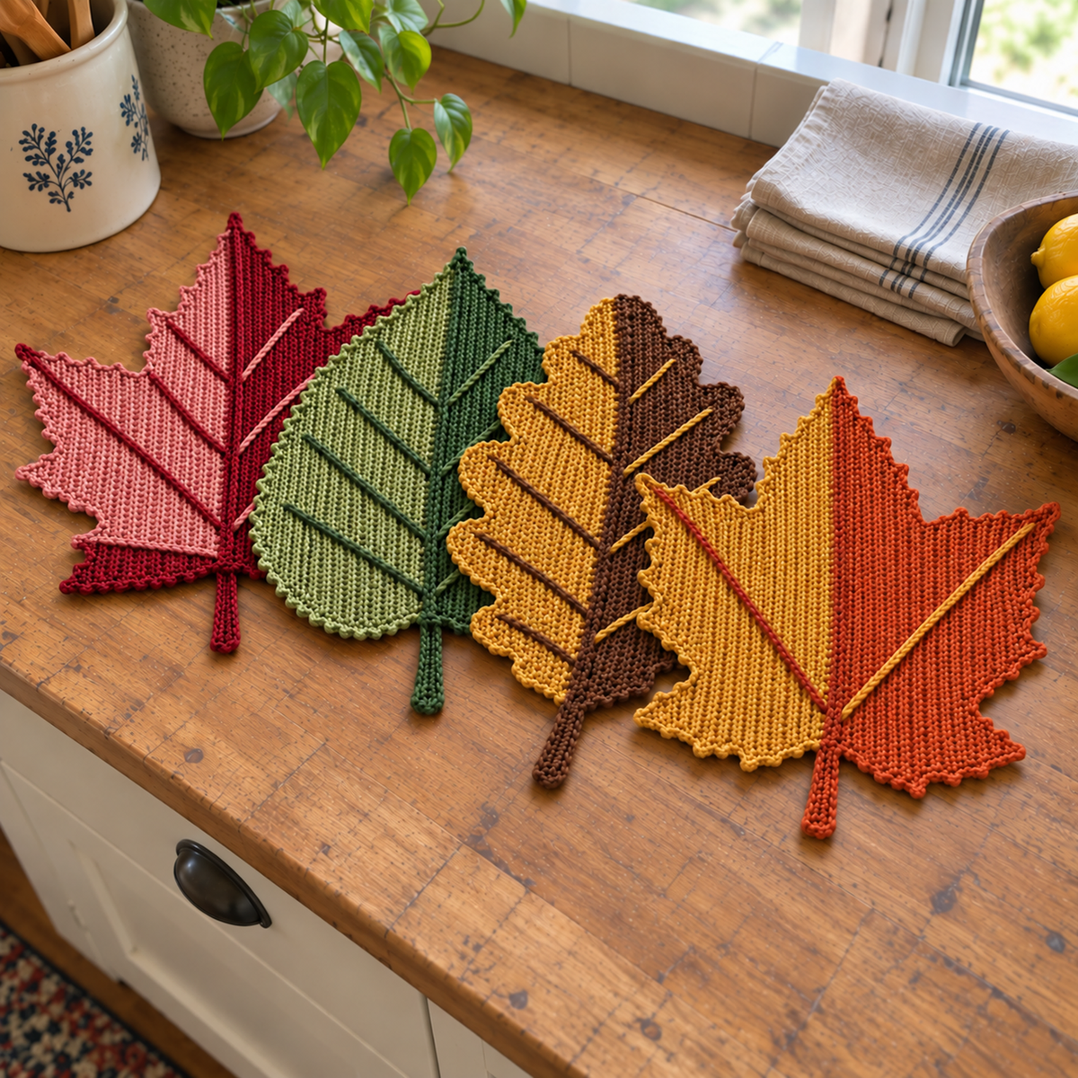 Four finished two-tone crochet leaf placemats loosely overlapped on a wooden kitchen counter beside folded linen napkins.