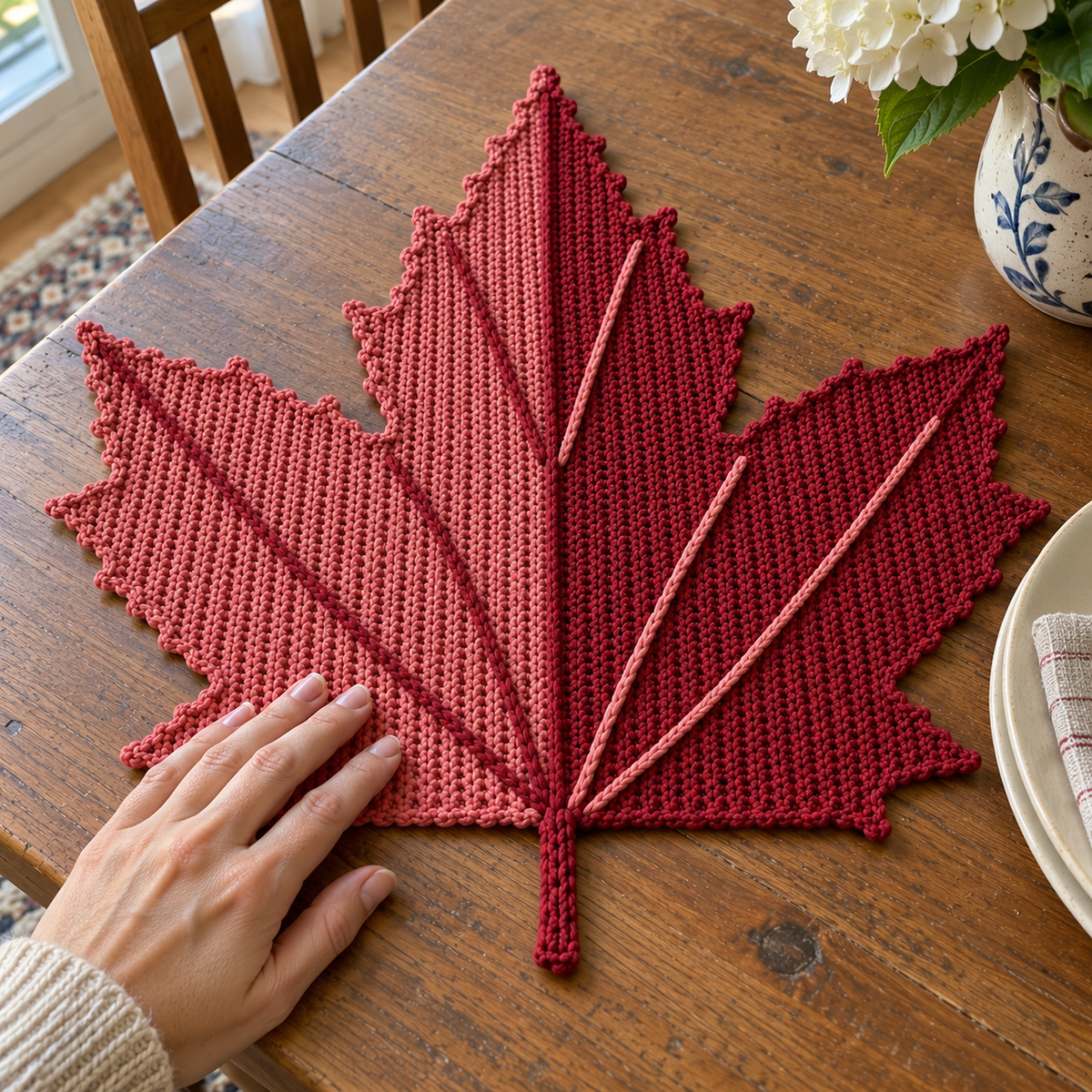 A hand smoothing a dusty rose and cranberry Red Maple crochet placemat on a wooden table, with raised ridges, contrasting veins and a short stem visible.