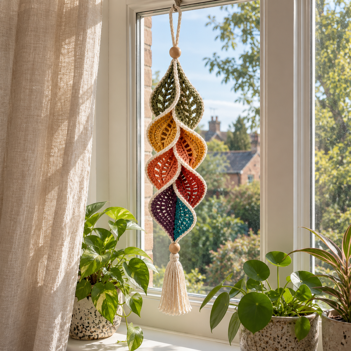 Rainbow Petal hangs in a bright window above houseplants, with olive, gold, orange, rust and purple openwork leaves, cream edging, wooden beads and a cream tassel.