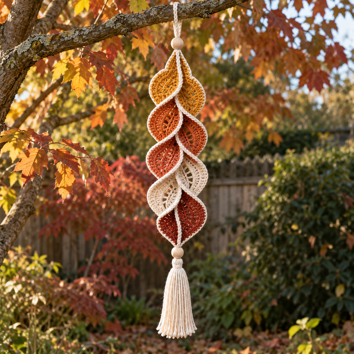 Sunset Shell hangs from a garden tree branch among autumn leaves, with gold, orange, rust, cream and dark red crochet leaves and a cream tassel.