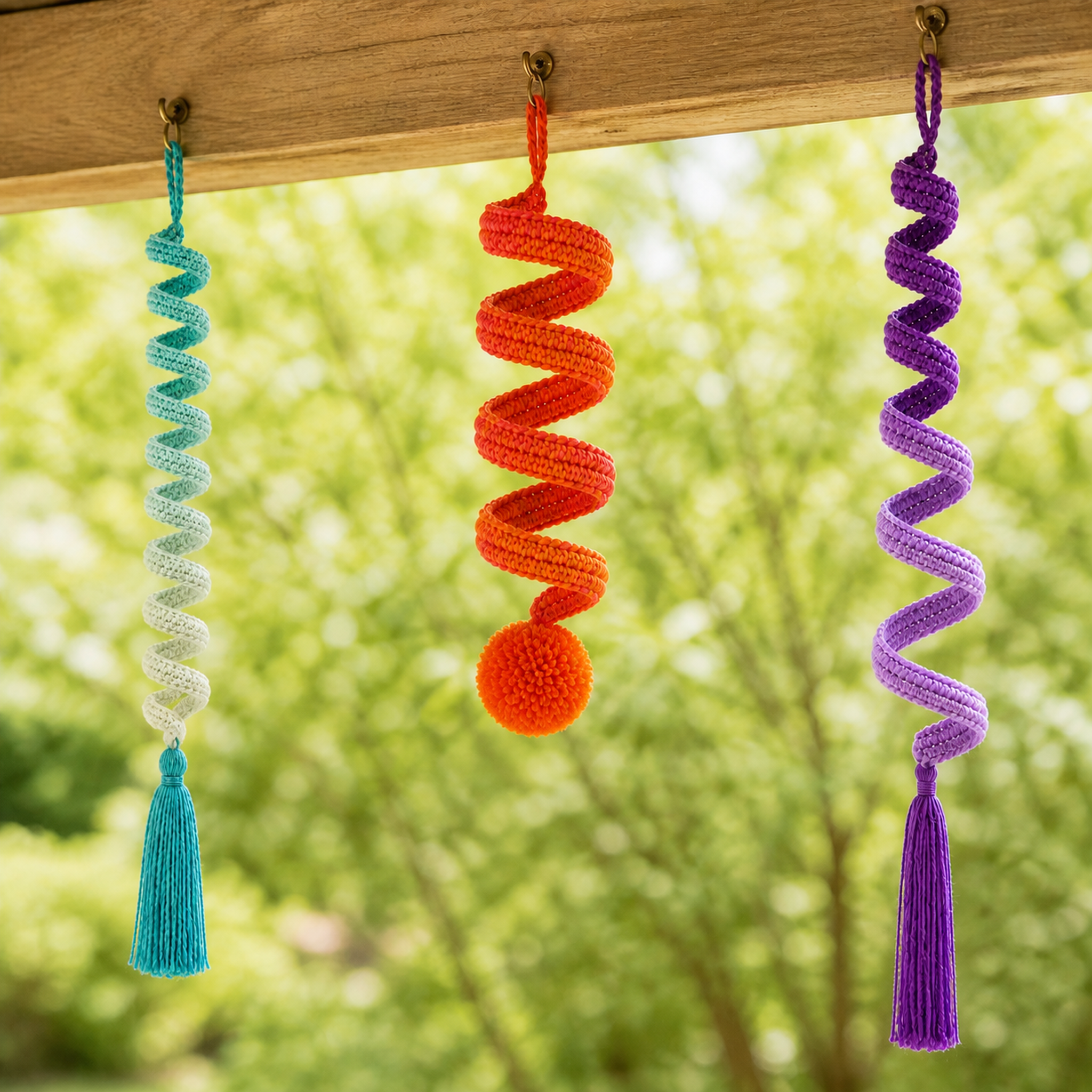 The three crochet spiral wind spinners hanging from hooks under a wooden porch beam with greenery behind