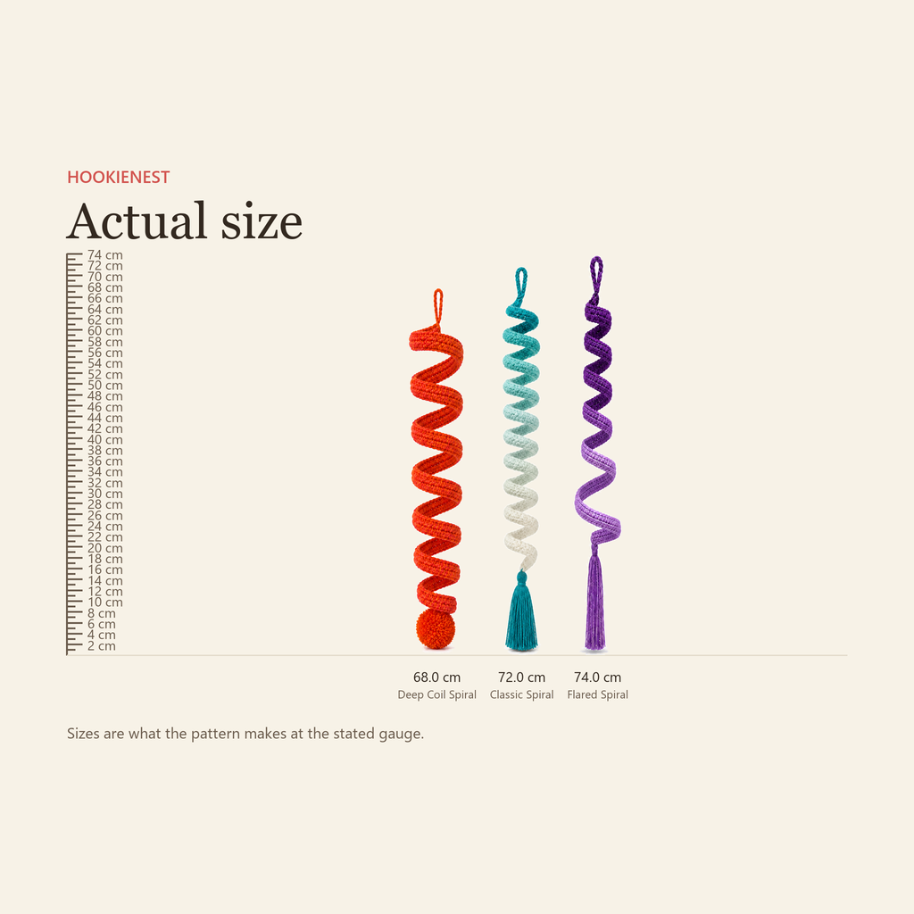 Size chart against a centimetre ruler: Deep Coil Spiral 68 cm, Classic Spiral 72 cm, Flared Spiral 74 cm