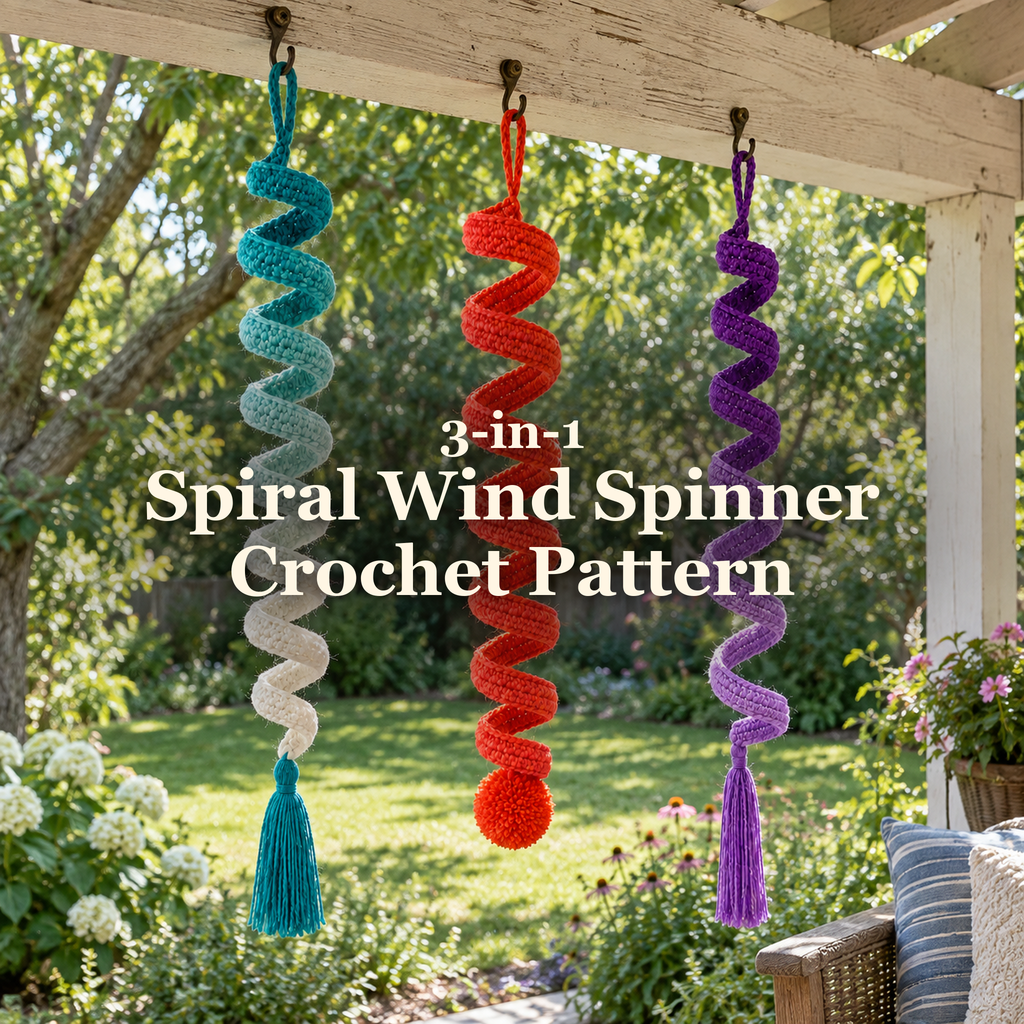 Teal-to-cream, orange-red and purple-to-lilac crochet spiral wind spinners hanging beneath a sunny porch beam: 3-in-1 Spiral Wind Spinner Crochet Pattern