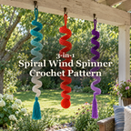 Teal-to-cream, orange-red and purple-to-lilac crochet spiral wind spinners hanging beneath a sunny porch beam: 3-in-1 Spiral Wind Spinner Crochet Pattern