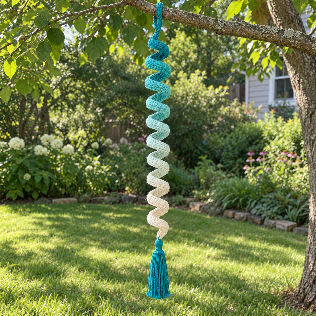 A teal-to-cream crochet spiral wind spinner with a teal tassel hanging from a tree branch over a lawn.