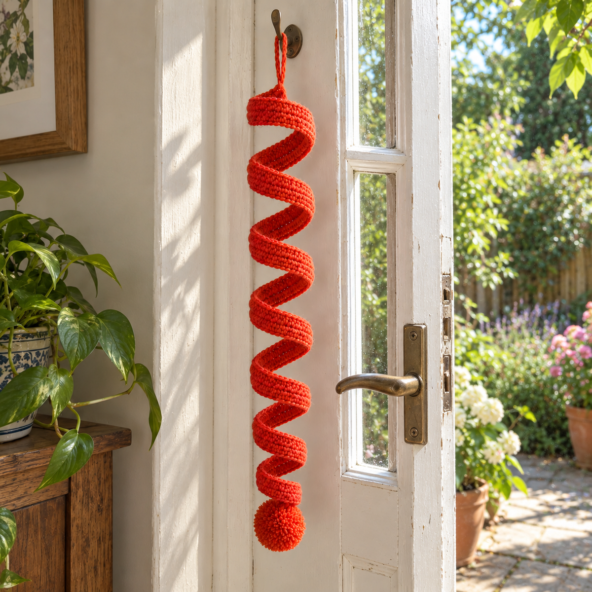An orange-red crochet spiral wind spinner with a round pompom hanging beside an open garden door.
