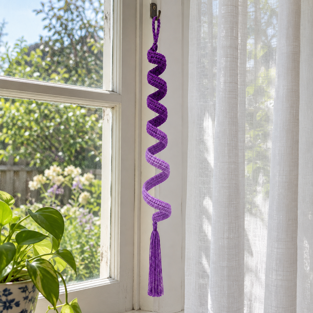 A purple-to-lilac crochet spiral wind spinner with a purple tassel hanging in a bright window.