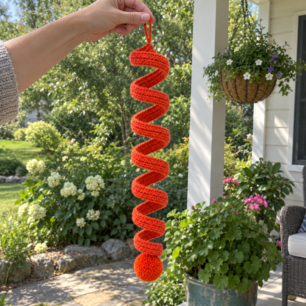 An adult hand holding an orange-red crochet spiral wind spinner by its loop on a garden porch.