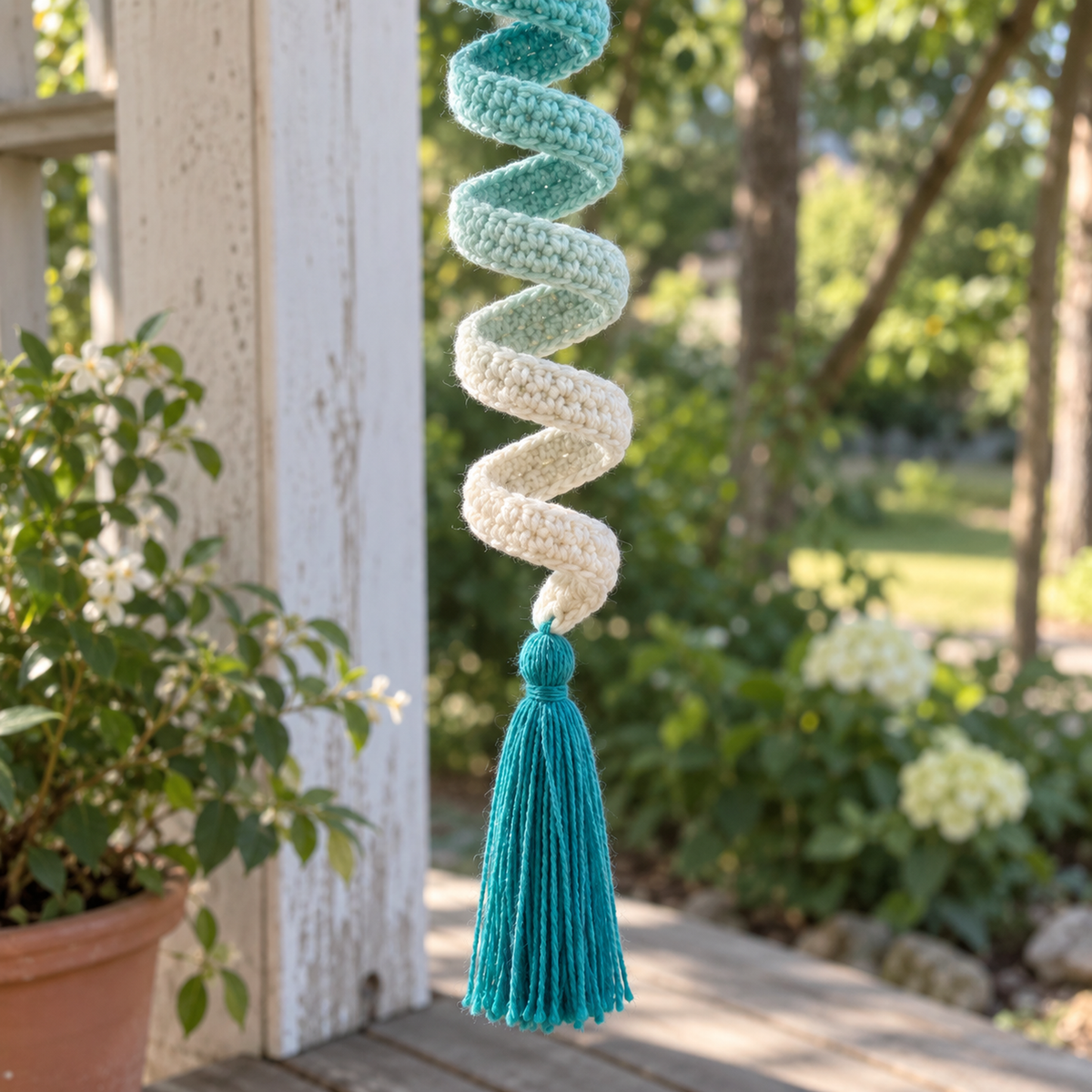A close view of the aqua and cream crochet spiral turns and the teal tassel.