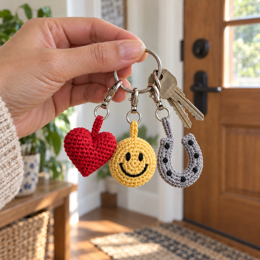 An adult hand holds house keys with a red puffy heart, yellow smiley face and silver-grey horseshoe crochet charm.