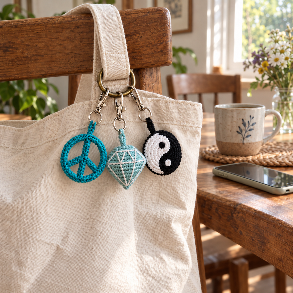 A turquoise peace sign, aqua gemstone and black-and-white yin-yang crochet charm hang from a canvas tote strap in a sunny home.