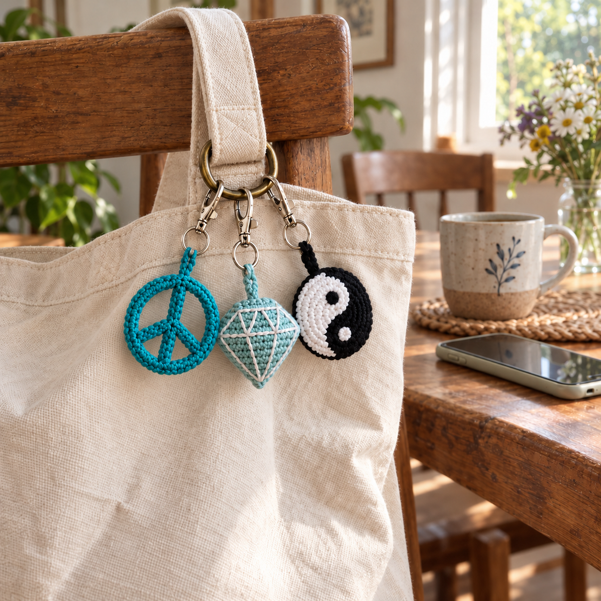 A turquoise peace sign, aqua gemstone and black-and-white yin-yang crochet charm hang from a canvas tote strap in a sunny home.
