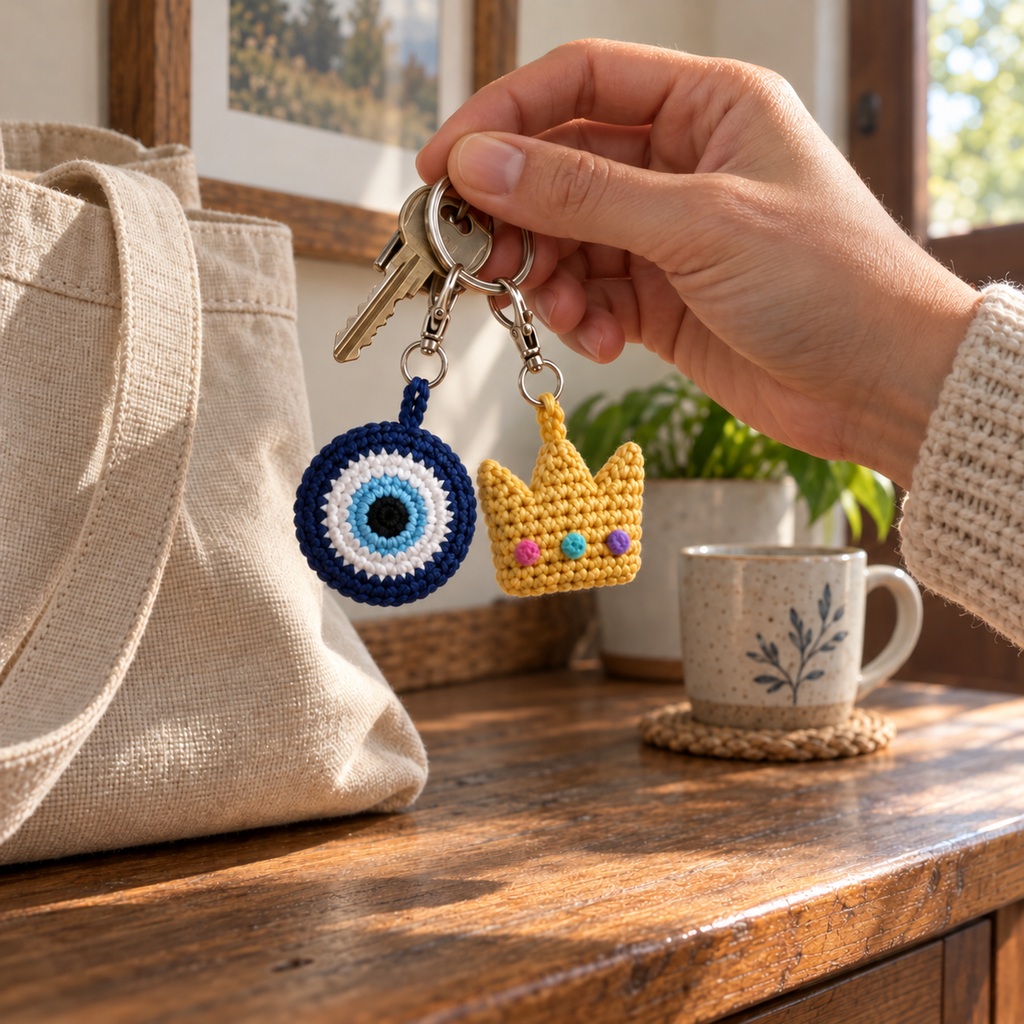 An adult hand lifts a four-colour evil-eye disc and three-point gold crown with pink, aqua and purple embroidered band dots beside a canvas bag.