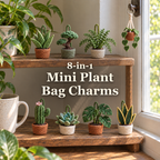 Eight miniature crochet potted plants on a sunny wooden windowsill shelf, with a hanging pothos beside them and the title 8-in-1 Mini Plant Bag Charms.