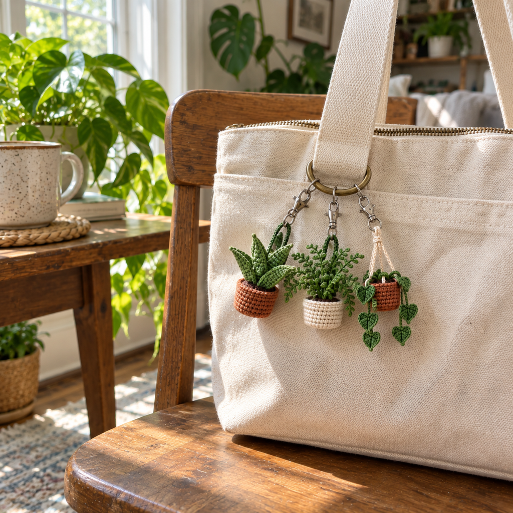 Miniature aloe, fern and hanging pothos crochet charms attached to a canvas bag in a bright room with houseplants.