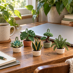 Five miniature crochet plant pots beside a laptop and mug: succulent, monstera, snake plant, bonsai and fern.