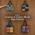 Four crochet bags on a wooden wall: Forest and Chalk diamonds, charcoal colour blocks, teal granny mesh and plum striped patchwork.