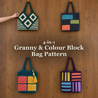 Four crochet bags on a wooden wall: Forest and Chalk diamonds, charcoal colour blocks, teal granny mesh and plum striped patchwork.