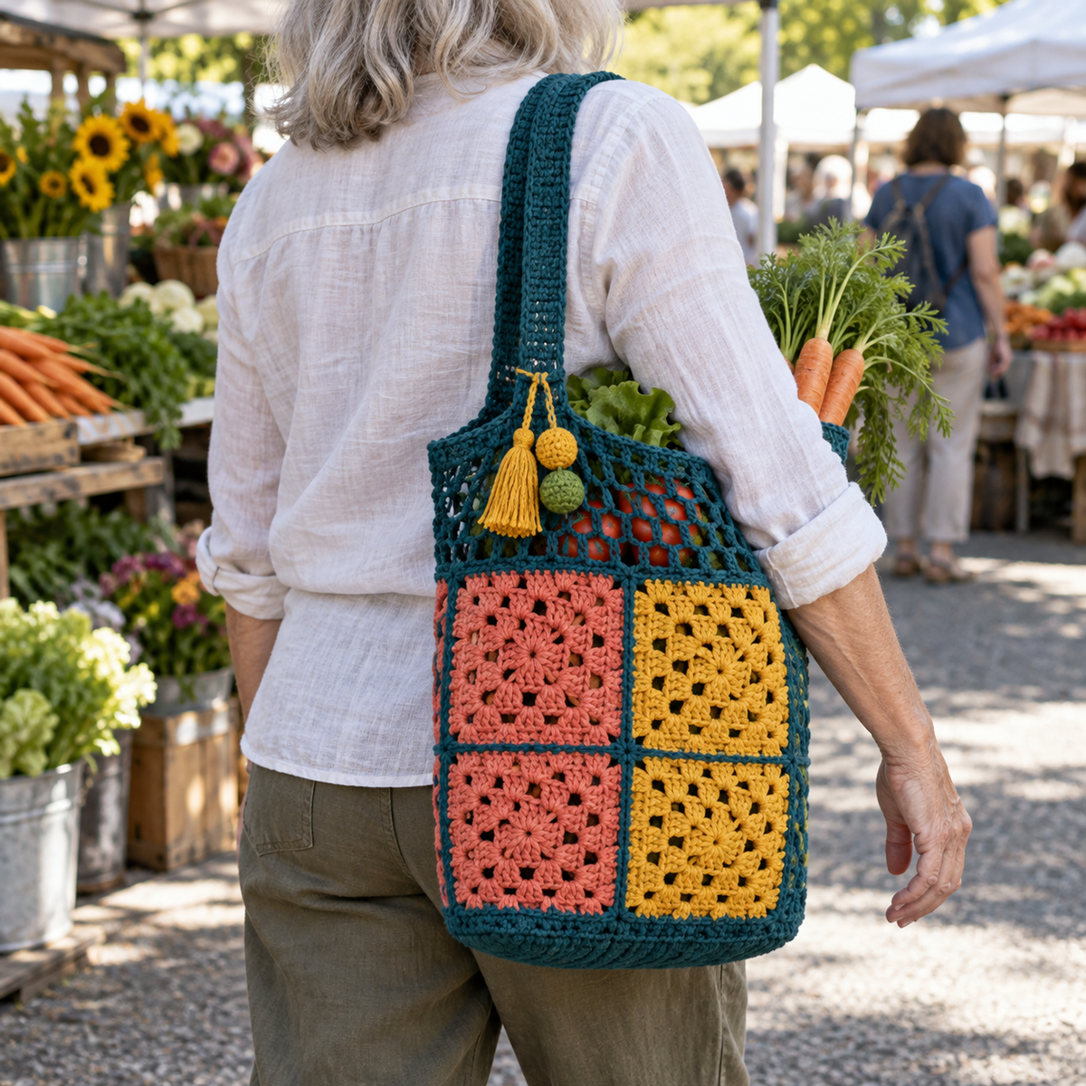 Teal granny mesh tote with coral and marigold squares carrying vegetables at a farmers market.