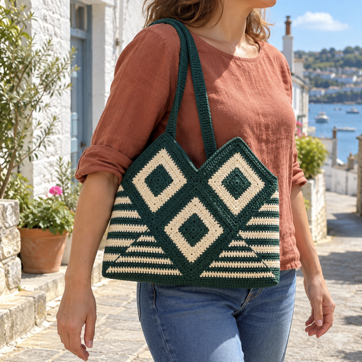 Forest and Chalk Diamond Granny shoulder bag on a seaside street.